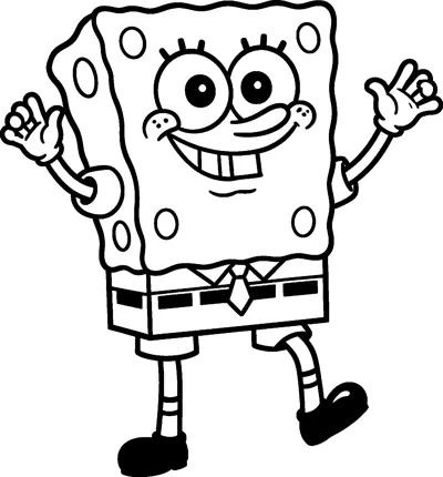 SpongeBob SquarePants dancing happily with both arms raised in the air and one leg kicked up to the side.