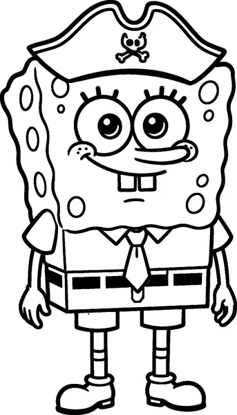 SpongeBob SquarePants wearing a pirate hat with a small skull and crossbones badge, smiling in his shirt and tie.