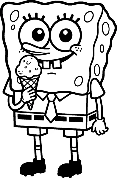 SpongeBob SquarePants smiling and holding up an ice cream cone with a single scoop on a criss-cross wafer cone.