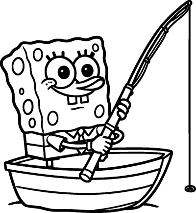 SpongeBob SquarePants sitting in a small rowing boat and holding a long fishing rod with the line dangling down.