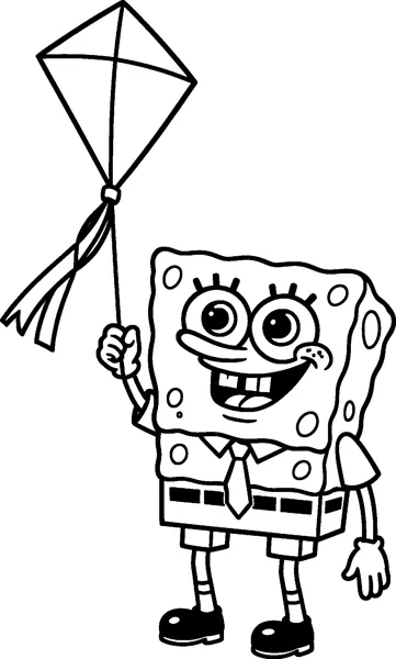 SpongeBob SquarePants laughing as he holds up the string of a diamond-shaped kite with ribbons on its tail.