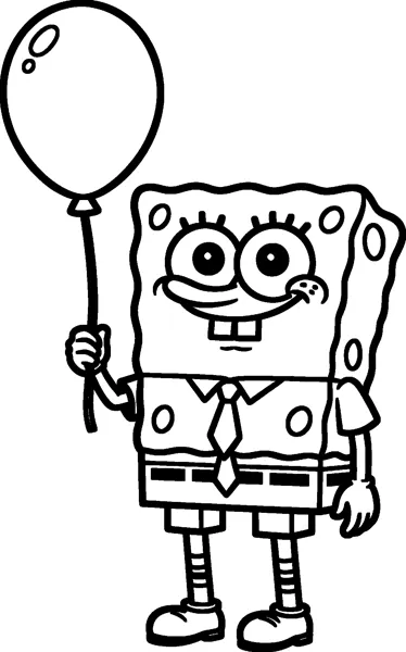 SpongeBob stands smiling and holds the string of a big round balloon that floats up above his head.