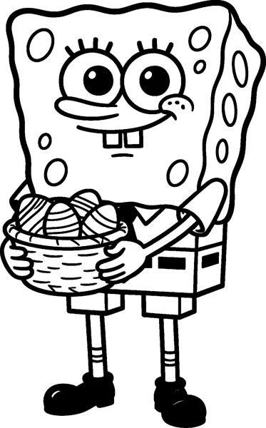 SpongeBob SquarePants smiling and holding a woven basket filled with striped and patterned Easter eggs.