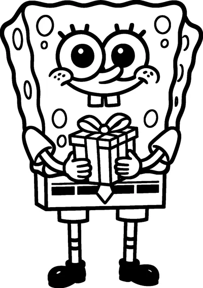 SpongeBob smiles and holds a wrapped present with a big bow on top in front of his body with both hands.