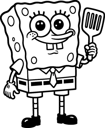 SpongeBob grins and holds up a slotted spatula in one hand while standing in his shirt, tie and square pants.