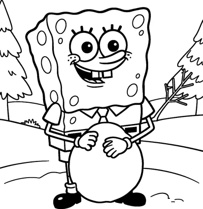 SpongeBob SquarePants laughing as he holds a giant snowball in a snowy field with pine trees and a bare twig.