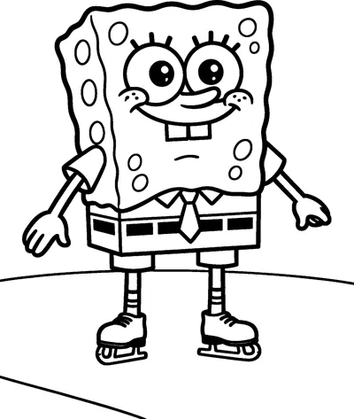 SpongeBob SquarePants wearing ice skates and smiling as he glides across a frozen pond with his arms held out.