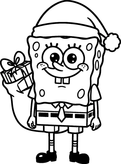 SpongeBob SquarePants wearing a fluffy Santa hat and smiling, with a sack of wrapped presents slung over his shoulder.