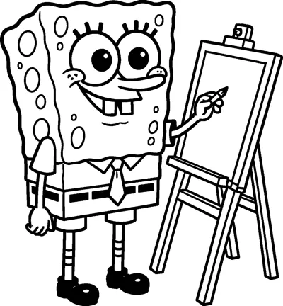 SpongeBob SquarePants grinning as he paints on a blank canvas resting on a wooden easel with a small brush.