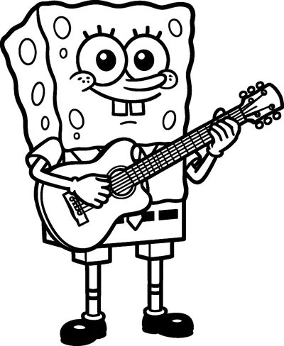 SpongeBob SquarePants smiling and strumming an acoustic guitar while standing in his shirt, tie and square pants.