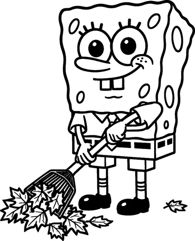 SpongeBob SquarePants holding a garden rake with both hands and sweeping a pile of maple leaves on the ground.