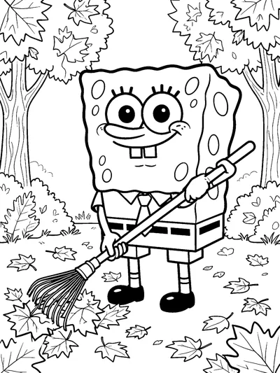 SpongeBob SquarePants raking fallen maple leaves in a forest clearing surrounded by tall trees, bushes and more falling leaves.