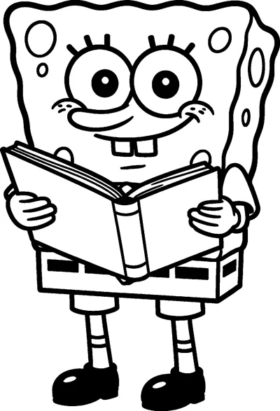 SpongeBob SquarePants smiling as he holds open a large hardback book with both hands in front of him.