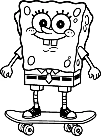 SpongeBob SquarePants standing on a skateboard with four wheels, smiling with his arms hanging loosely at his sides.