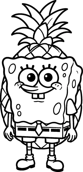 SpongeBob stands smiling in front of a huge pineapple with spiky leaves on top and a criss-cross pattern on its skin.
