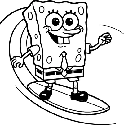 SpongeBob rides a surfboard with a big curling wave behind him, smiling and holding his arms out for balance.