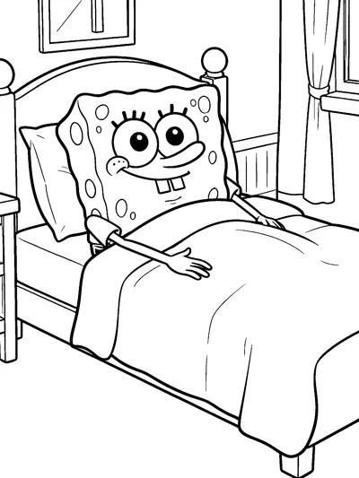 SpongeBob SquarePants tucked under a blanket in a wooden bed, resting on a pillow in a bedroom with curtains and a window.