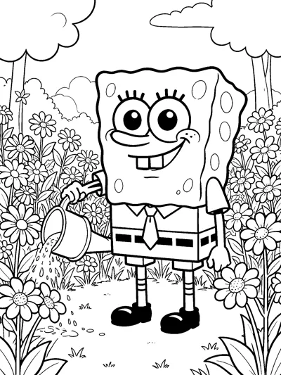 SpongeBob SquarePants pouring water from a watering can onto daisies in a garden packed with flowers, bushes and trees.