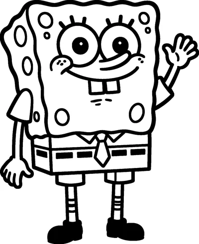 SpongeBob SquarePants stands with a big smile and waves one hand, showing his buck teeth, tie and square pants.