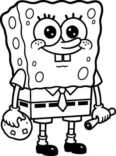 SpongeBob SquarePants grinning while holding a big chocolate chip cookie in one hand and a rolling pin in the other.
