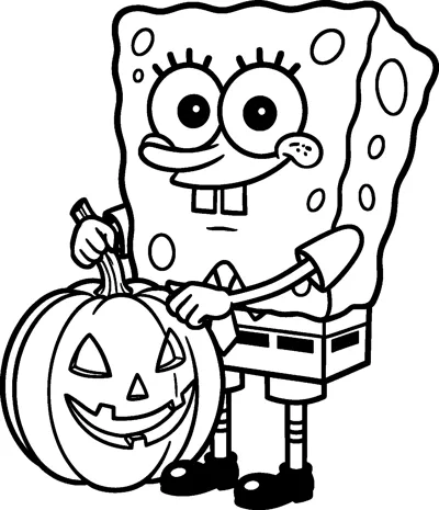 SpongeBob SquarePants standing beside a large carved jack-o'-lantern with a smiling face, holding its stem.