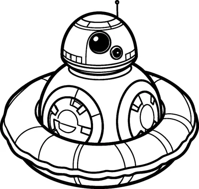BB-8 sitting inside a big inflatable swimming ring, with its dome head, antenna and round body panels showing.