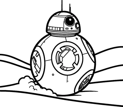 BB-8 rolling over desert sand dunes, kicking up a little puff of sand, with its dome head on top of its ball body.