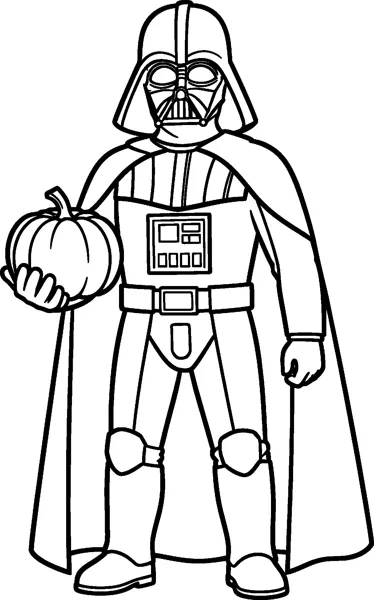 Darth Vader in his helmet and long cape holding a round Halloween pumpkin up in one gloved hand.