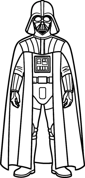 Darth Vader standing tall and still in his rounded helmet and long cape, with a plain chest box and belt to colour.