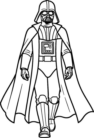 Darth Vader walking forward in his helmet and armour while his long cape billows out wide behind him.