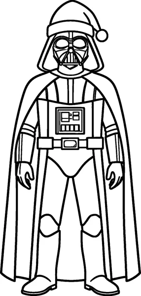 Darth Vader in his helmet, mask and long cape wearing a fluffy Santa hat with a pom-pom for the festive season.