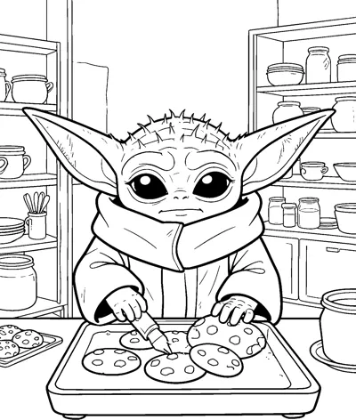 Grogu at a kitchen counter decorating a tray of chocolate chip cookies, with shelves of jars, bowls and pots behind him.