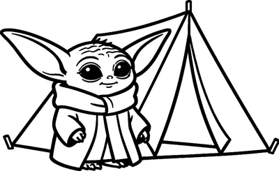 Grogu standing beside a triangle-shaped tent pegged to the ground, wrapped in his robe and ready for an outdoor adventure.