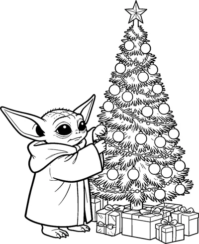Grogu hanging a bauble on a tall Christmas tree with garlands, a star on top and wrapped presents piled underneath.