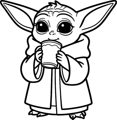 Grogu holding a cup with both little hands and taking a sip, wearing his long robe with a big cosy collar.
