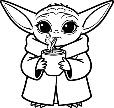 Grogu sipping from a warm mug of hot cocoa held in both hands, with curls of steam rising from the drink.