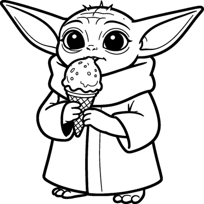 Grogu licking a scoop of ice cream on a waffle cone held in both hands, wearing his long robe and collar.
