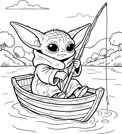 Grogu sitting in a small wooden rowing boat on a calm lake, holding a fishing rod with trees and hills behind.