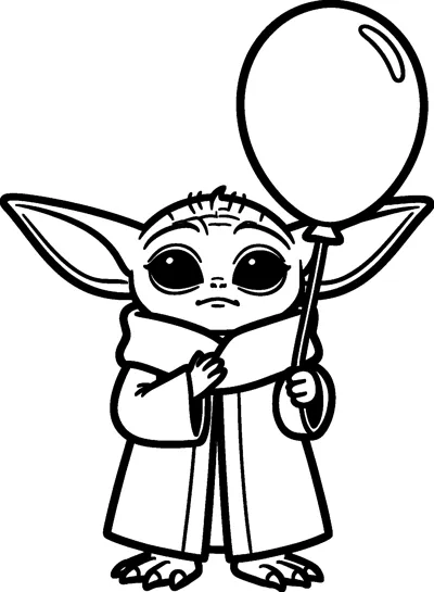 Grogu holding the string of one big round balloon in one hand, with his other hand resting on his robe collar.