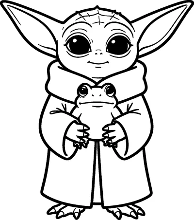 Grogu holding a small round frog in both hands against his robe, with big ears and a calm little smile.