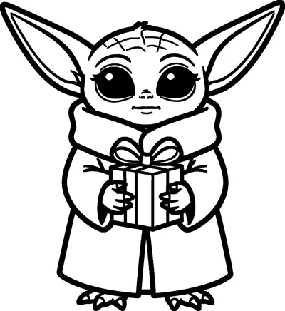 Grogu holding a wrapped present with a big bow in both hands, standing in his robe with a gentle smile.