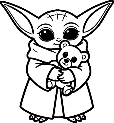 Grogu hugging a small teddy bear tightly to his chest, wearing his robe with a large collar and smiling softly.