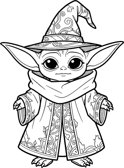 Grogu dressed as a witch in a tall curled hat and a long robe covered in swirling patterns and leaf shapes.
