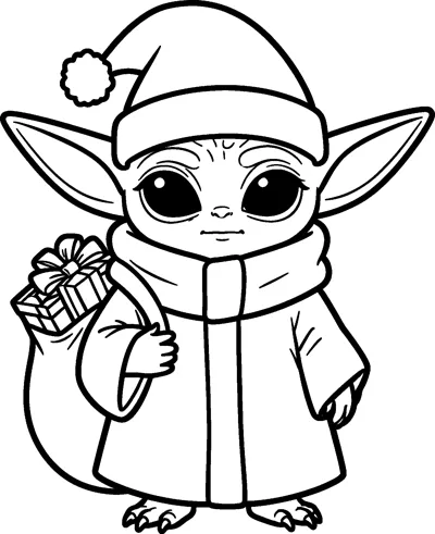 Grogu wearing a Santa hat with a fluffy bobble, carrying a sack of wrapped presents over his shoulder.