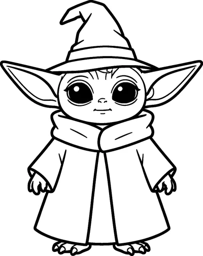 Grogu dressed for Halloween in a tall pointy witch hat with a crooked tip, wearing his long robe.