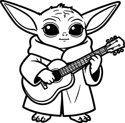 Grogu strumming an acoustic guitar held across his robe, with tiny fingers on the strings and big ears up.