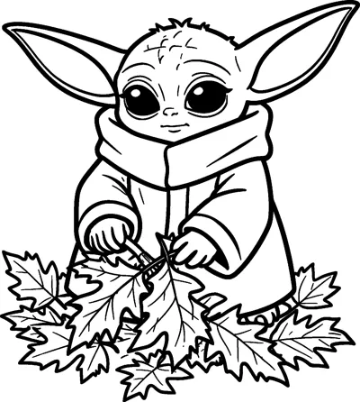 Grogu crouching in a big pile of maple leaves, picking up a leaf with both hands while wearing his robe.
