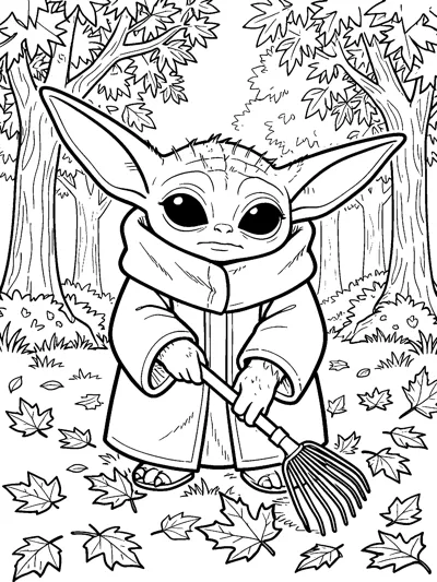Grogu holding a rake and gathering fallen maple leaves on a forest floor, with tall trees and bushes behind him.