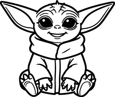 Grogu sitting on the ground with a big open smile, little hands resting on his robe and his feet poking out.