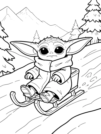 Grogu sitting on a wooden sled sliding down a snowy hill, with pine trees and snowy mountains behind him.